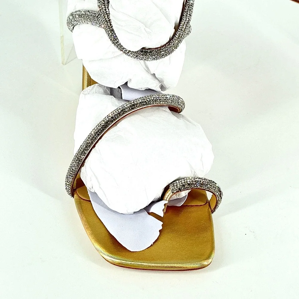 Badgley Mischka Silver Crystal-Strap Gold Block Heel Sandals